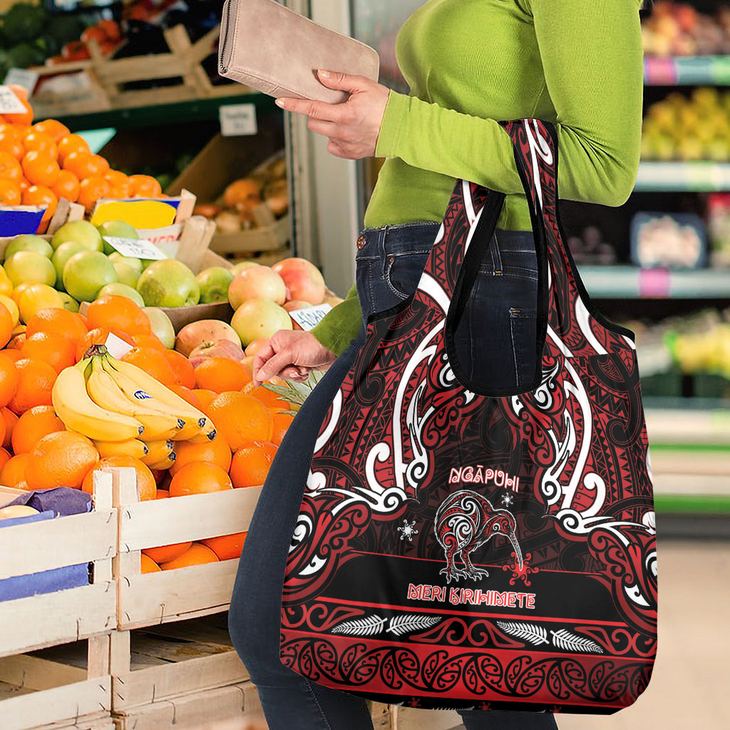 Ngapuhi Aotearoa Meri Kirihimete Grocery Bag Maori Kiwi Bird Silver Fern Koru Pattern