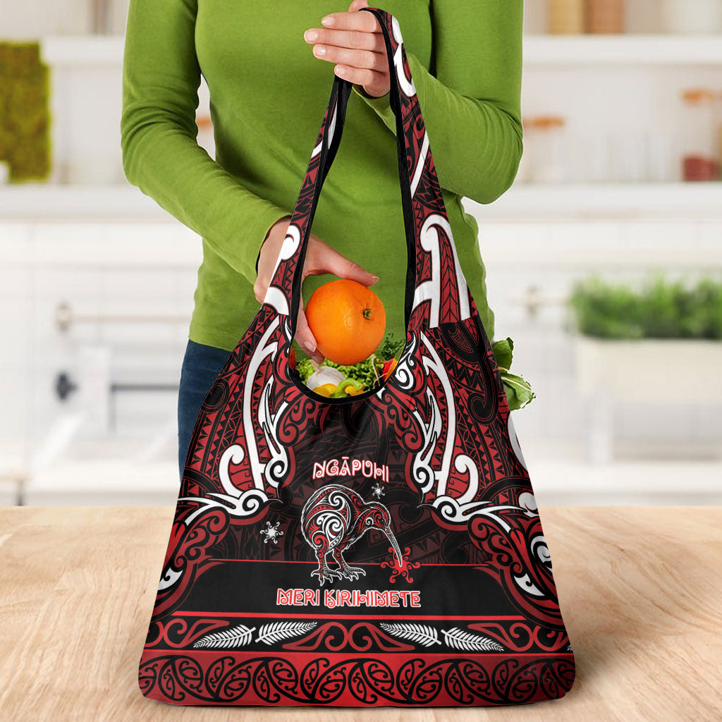 Ngapuhi Aotearoa Meri Kirihimete Grocery Bag Maori Kiwi Bird Silver Fern Koru Pattern