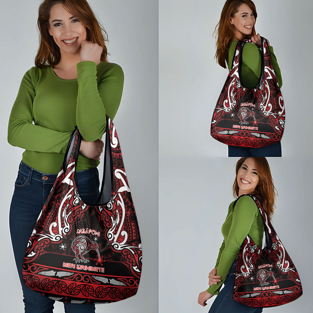 Ngapuhi Aotearoa Meri Kirihimete Grocery Bag Maori Kiwi Bird Silver Fern Koru Pattern