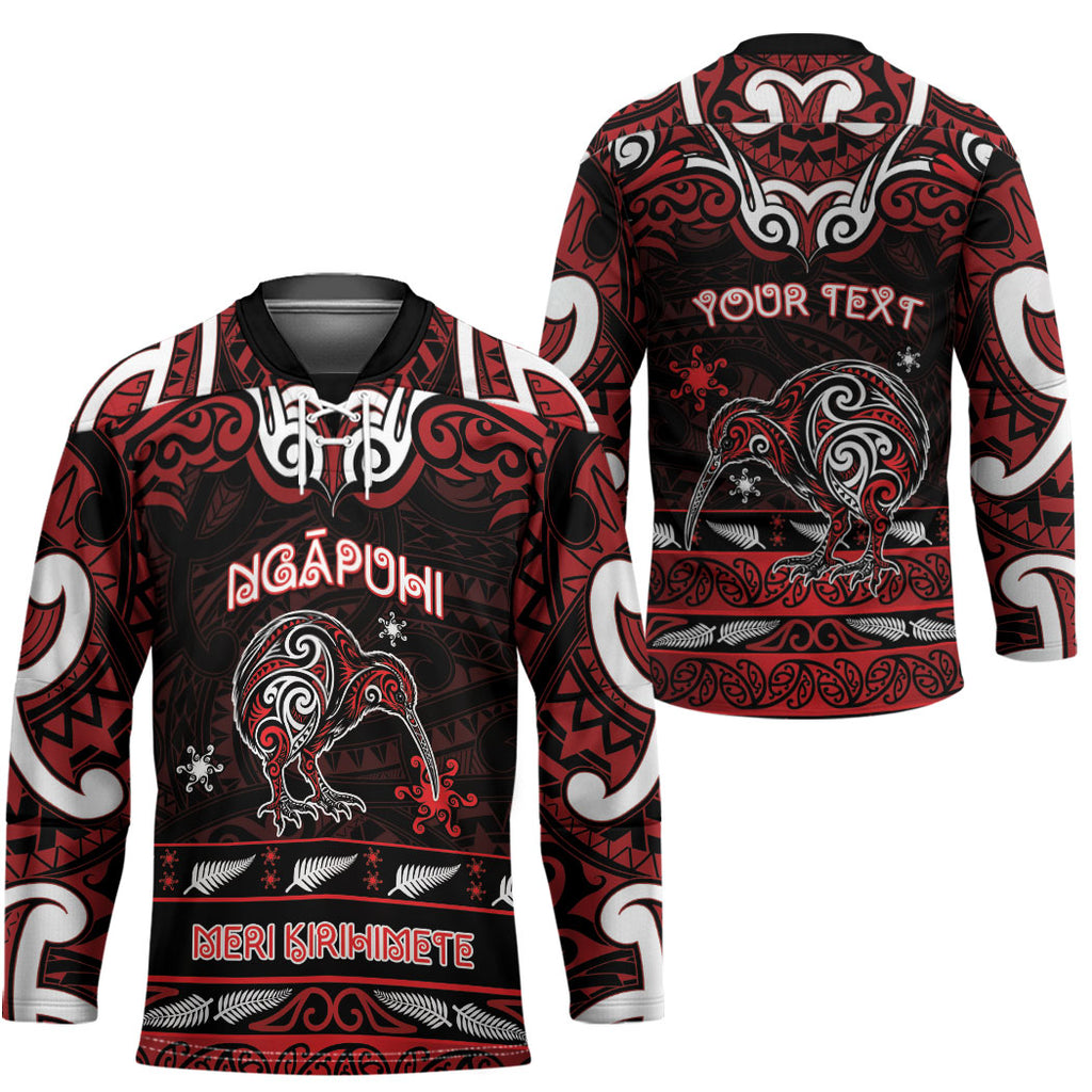 Personalised Ngapuhi Aotearoa Meri Kirihimete Hockey Jersey Maori Kiwi Bird Silver Fern Koru Pattern