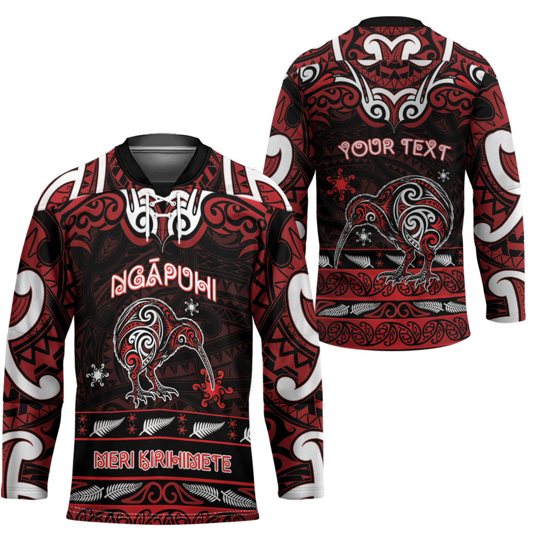 Personalised Ngapuhi Aotearoa Meri Kirihimete Hockey Jersey Maori Kiwi Bird Silver Fern Koru Pattern