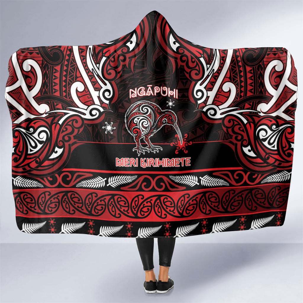 Ngapuhi Aotearoa Meri Kirihimete Hooded Blanket Maori Kiwi Bird Silver Fern Koru Pattern