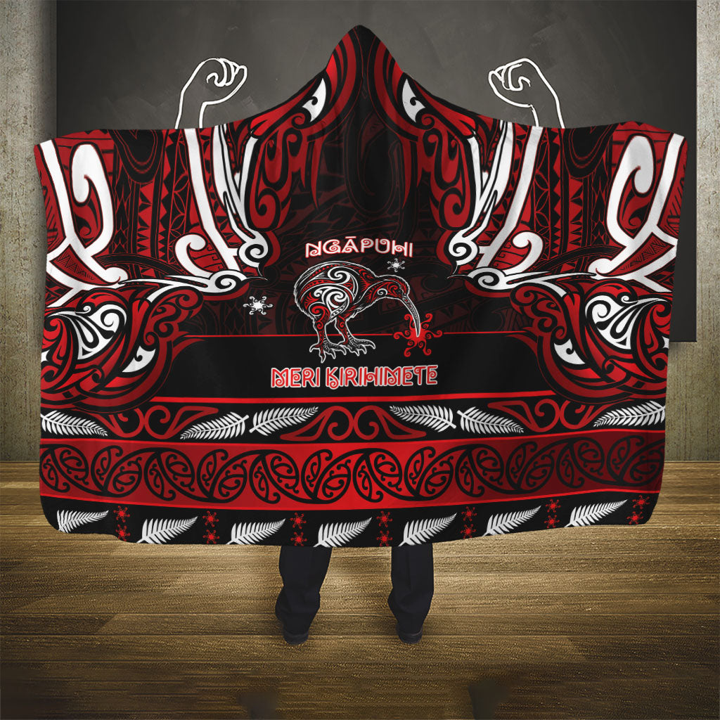Ngapuhi Aotearoa Meri Kirihimete Hooded Blanket Maori Kiwi Bird Silver Fern Koru Pattern