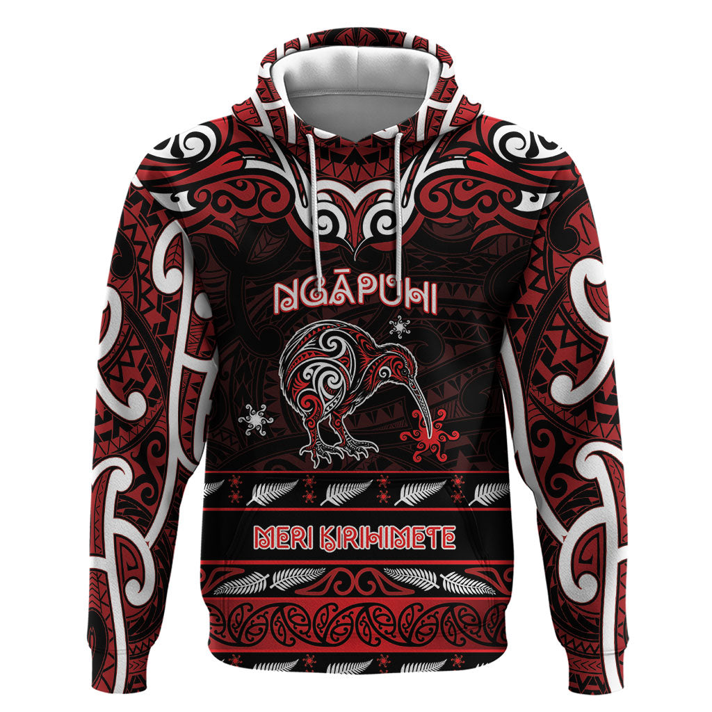 Personalised Ngapuhi Aotearoa Meri Kirihimete Hoodie Maori Kiwi Bird Silver Fern Koru Pattern