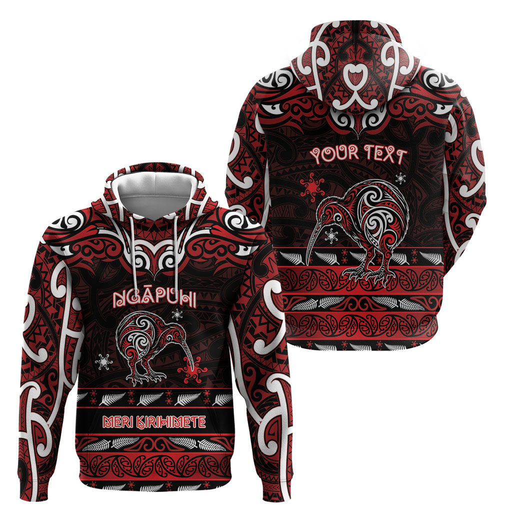 Personalised Ngapuhi Aotearoa Meri Kirihimete Hoodie Maori Kiwi Bird Silver Fern Koru Pattern