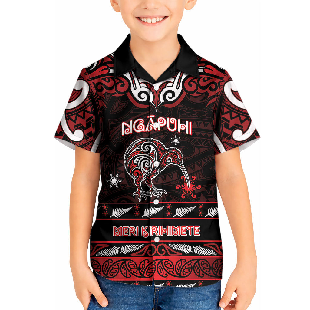 Personalised Ngapuhi Aotearoa Meri Kirihimete Kid Hawaiian Shirt Maori Kiwi Bird Silver Fern Koru Pattern