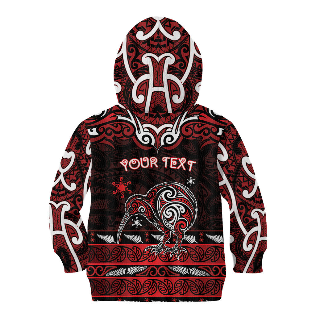 Personalised Ngapuhi Aotearoa Meri Kirihimete Kid Hoodie Maori Kiwi Bird Silver Fern Koru Pattern