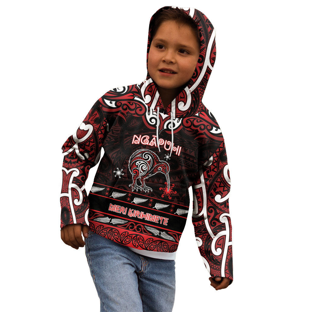 Personalised Ngapuhi Aotearoa Meri Kirihimete Kid Hoodie Maori Kiwi Bird Silver Fern Koru Pattern