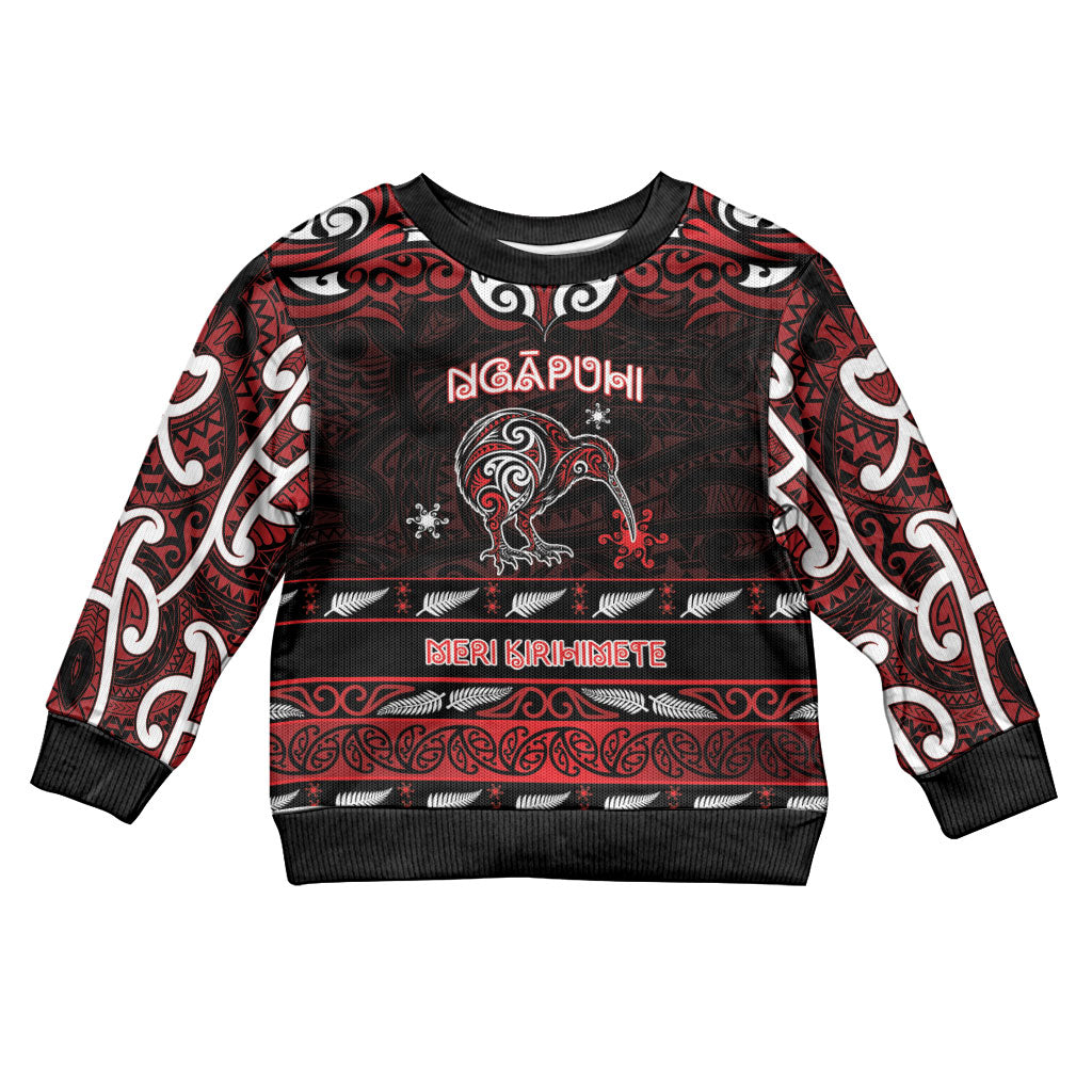 Personalised Ngapuhi Aotearoa Meri Kirihimete Kid Ugly Christmas Sweater Maori Kiwi Bird Silver Fern Koru Pattern