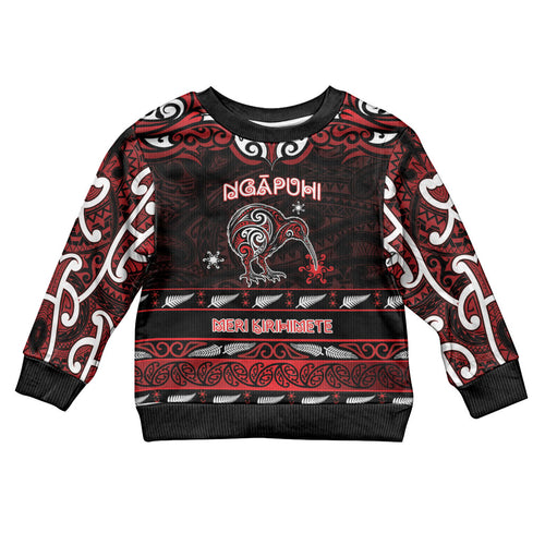 Personalised Ngapuhi Aotearoa Meri Kirihimete Kid Ugly Christmas Sweater Maori Kiwi Bird Silver Fern Koru Pattern