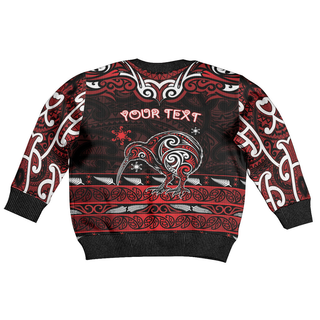 Personalised Ngapuhi Aotearoa Meri Kirihimete Kid Ugly Christmas Sweater Maori Kiwi Bird Silver Fern Koru Pattern