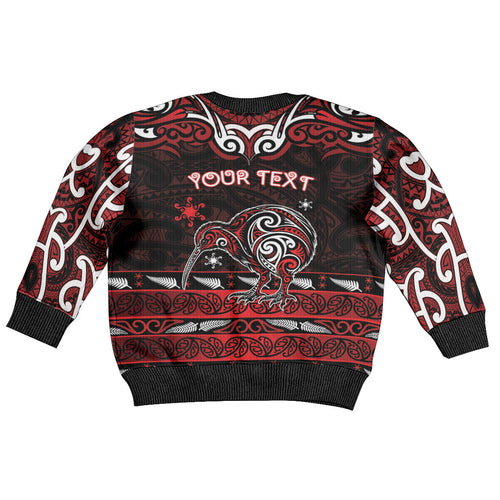 Personalised Ngapuhi Aotearoa Meri Kirihimete Kid Ugly Christmas Sweater Maori Kiwi Bird Silver Fern Koru Pattern