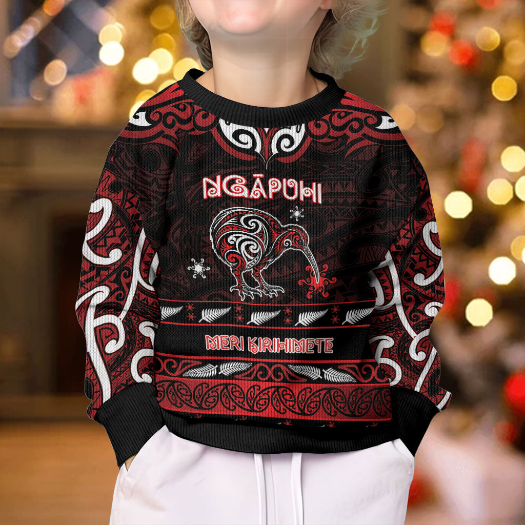 Personalised Ngapuhi Aotearoa Meri Kirihimete Kid Ugly Christmas Sweater Maori Kiwi Bird Silver Fern Koru Pattern