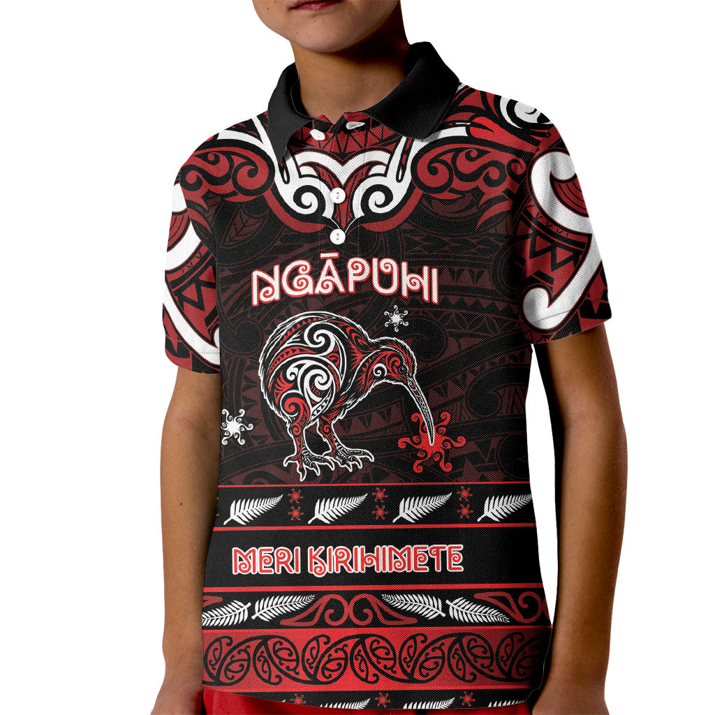 Personalised Ngapuhi Aotearoa Meri Kirihimete Kid Polo Shirt Maori Kiwi Bird Silver Fern Koru Pattern