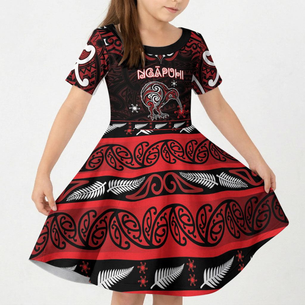 Personalised Ngapuhi Aotearoa Meri Kirihimete Kid Short Sleeve Dress Maori Kiwi Bird Silver Fern Koru Pattern