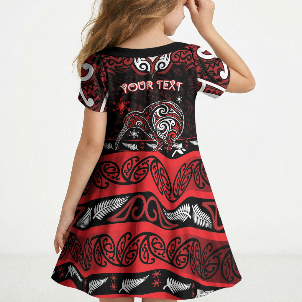 Personalised Ngapuhi Aotearoa Meri Kirihimete Kid Short Sleeve Dress Maori Kiwi Bird Silver Fern Koru Pattern