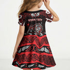 Personalised Ngapuhi Aotearoa Meri Kirihimete Kid Short Sleeve Dress Maori Kiwi Bird Silver Fern Koru Pattern