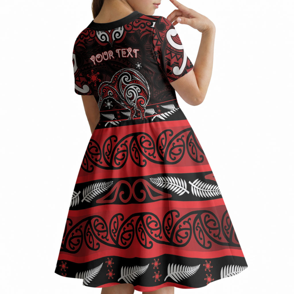 Personalised Ngapuhi Aotearoa Meri Kirihimete Kid Short Sleeve Dress Maori Kiwi Bird Silver Fern Koru Pattern