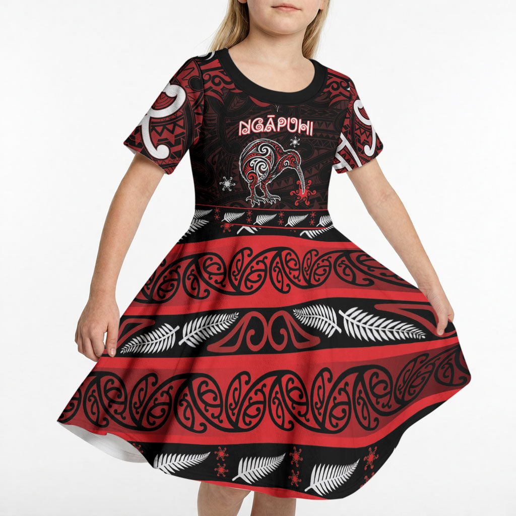 Personalised Ngapuhi Aotearoa Meri Kirihimete Kid Short Sleeve Dress Maori Kiwi Bird Silver Fern Koru Pattern