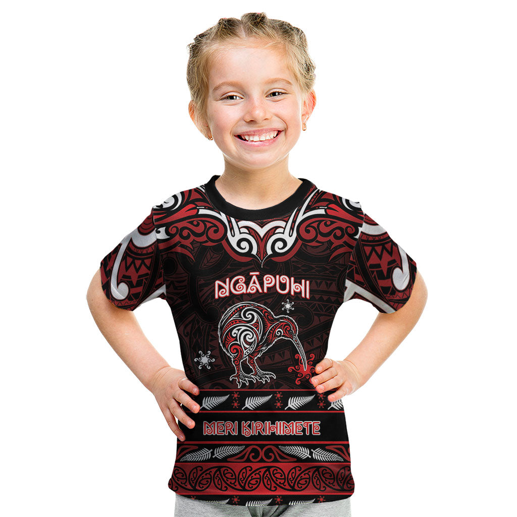 Personalised Ngapuhi Aotearoa Meri Kirihimete Kid T Shirt Maori Kiwi Bird Silver Fern Koru Pattern