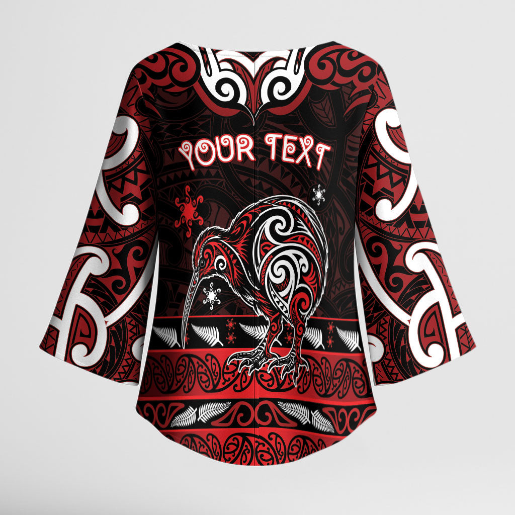 Personalised Ngapuhi Aotearoa Meri Kirihimete Kimono Sleeve Blouse Maori Kiwi Bird Silver Fern Koru Pattern