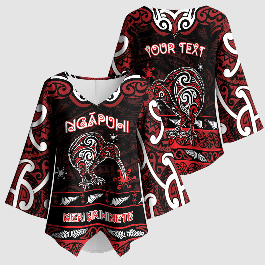 Personalised Ngapuhi Aotearoa Meri Kirihimete Kimono Sleeve Blouse Maori Kiwi Bird Silver Fern Koru Pattern