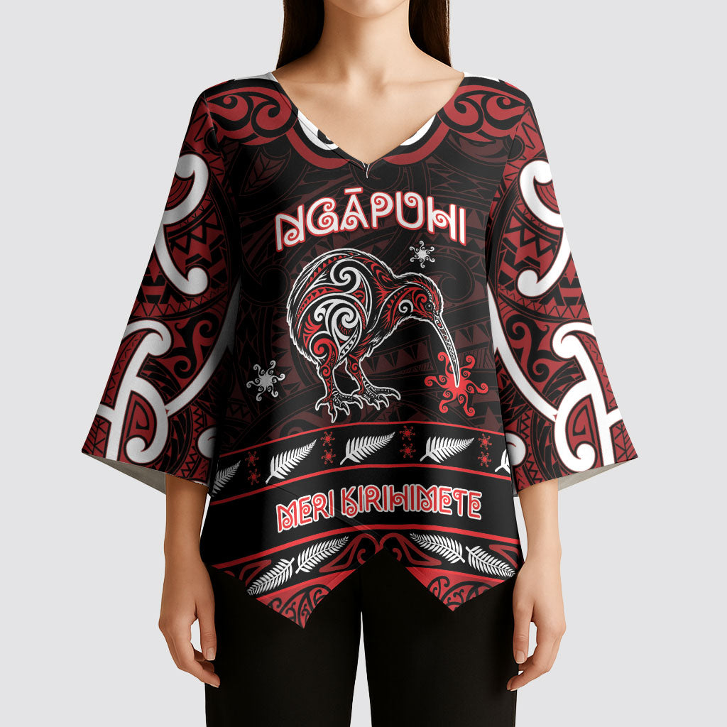 Personalised Ngapuhi Aotearoa Meri Kirihimete Kimono Sleeve Blouse Maori Kiwi Bird Silver Fern Koru Pattern
