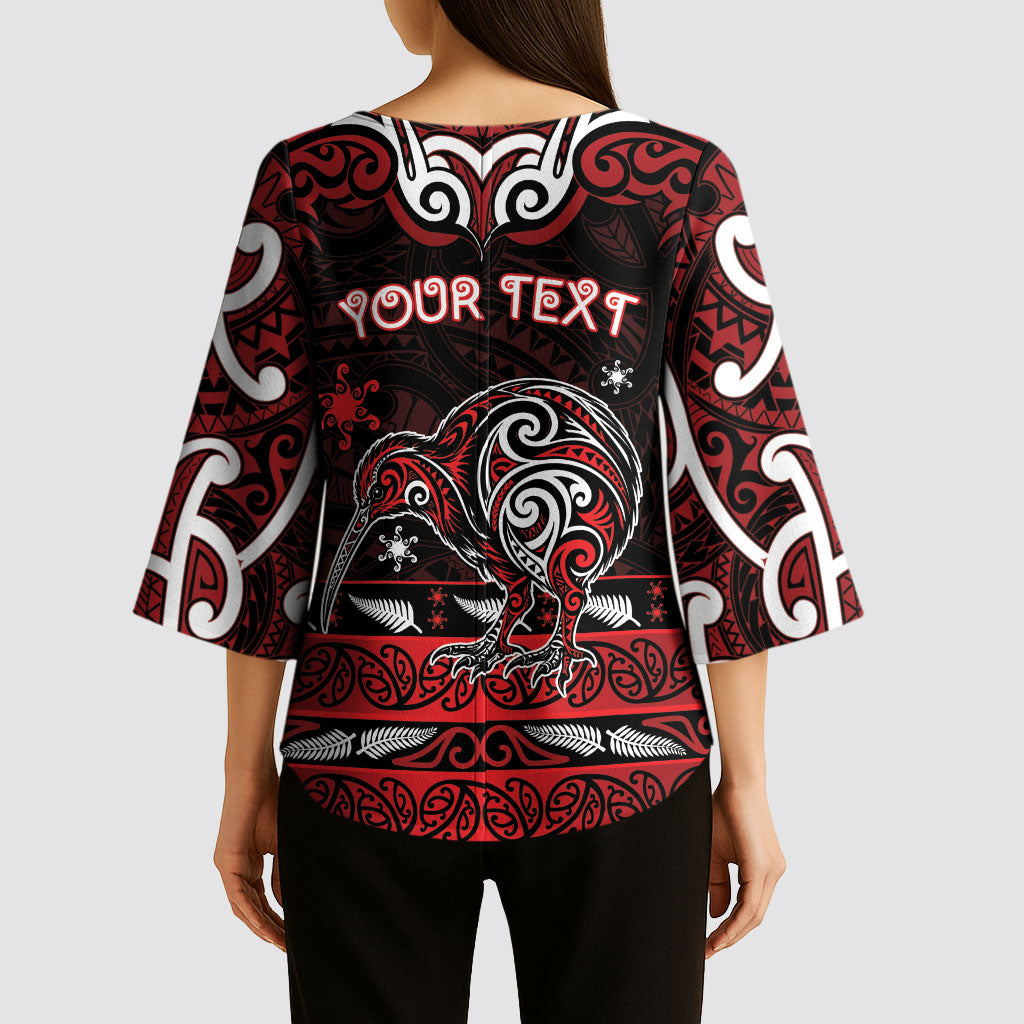 Personalised Ngapuhi Aotearoa Meri Kirihimete Kimono Sleeve Blouse Maori Kiwi Bird Silver Fern Koru Pattern