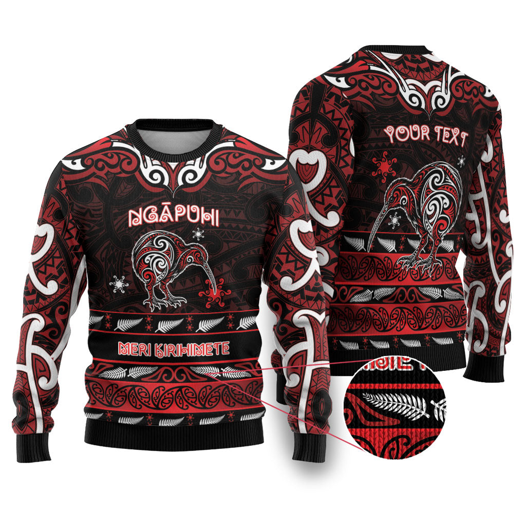 Personalised Ngapuhi Aotearoa Meri Kirihimete Ugly Christmas Sweater Maori Kiwi Bird Silver Fern Koru Pattern