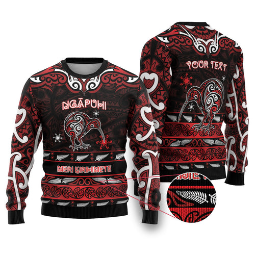 Personalised Ngapuhi Aotearoa Meri Kirihimete Ugly Christmas Sweater Maori Kiwi Bird Silver Fern Koru Pattern