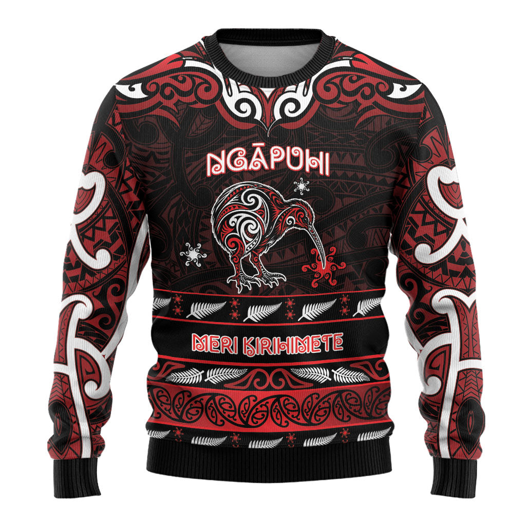 Personalised Ngapuhi Aotearoa Meri Kirihimete Ugly Christmas Sweater Maori Kiwi Bird Silver Fern Koru Pattern