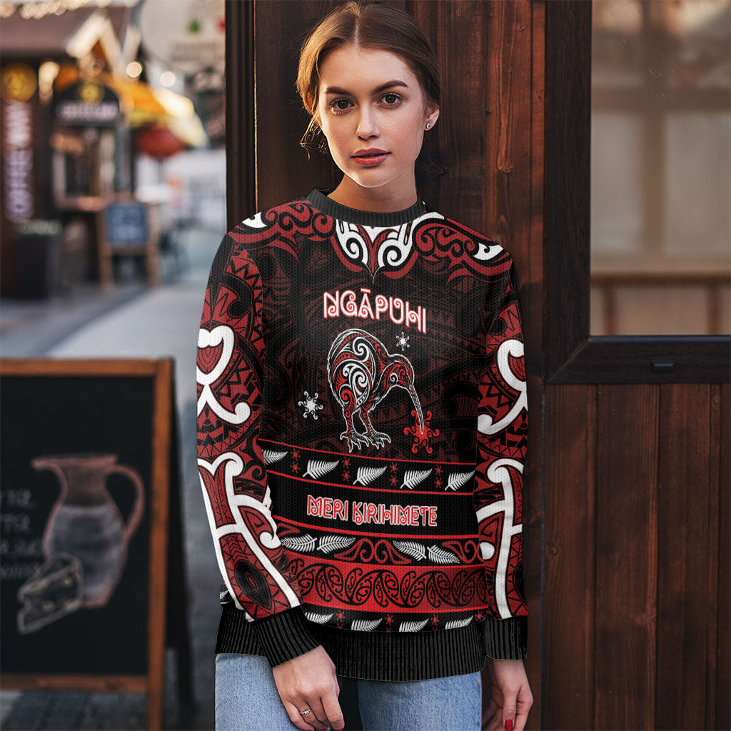 Personalised Ngapuhi Aotearoa Meri Kirihimete Ugly Christmas Sweater Maori Kiwi Bird Silver Fern Koru Pattern