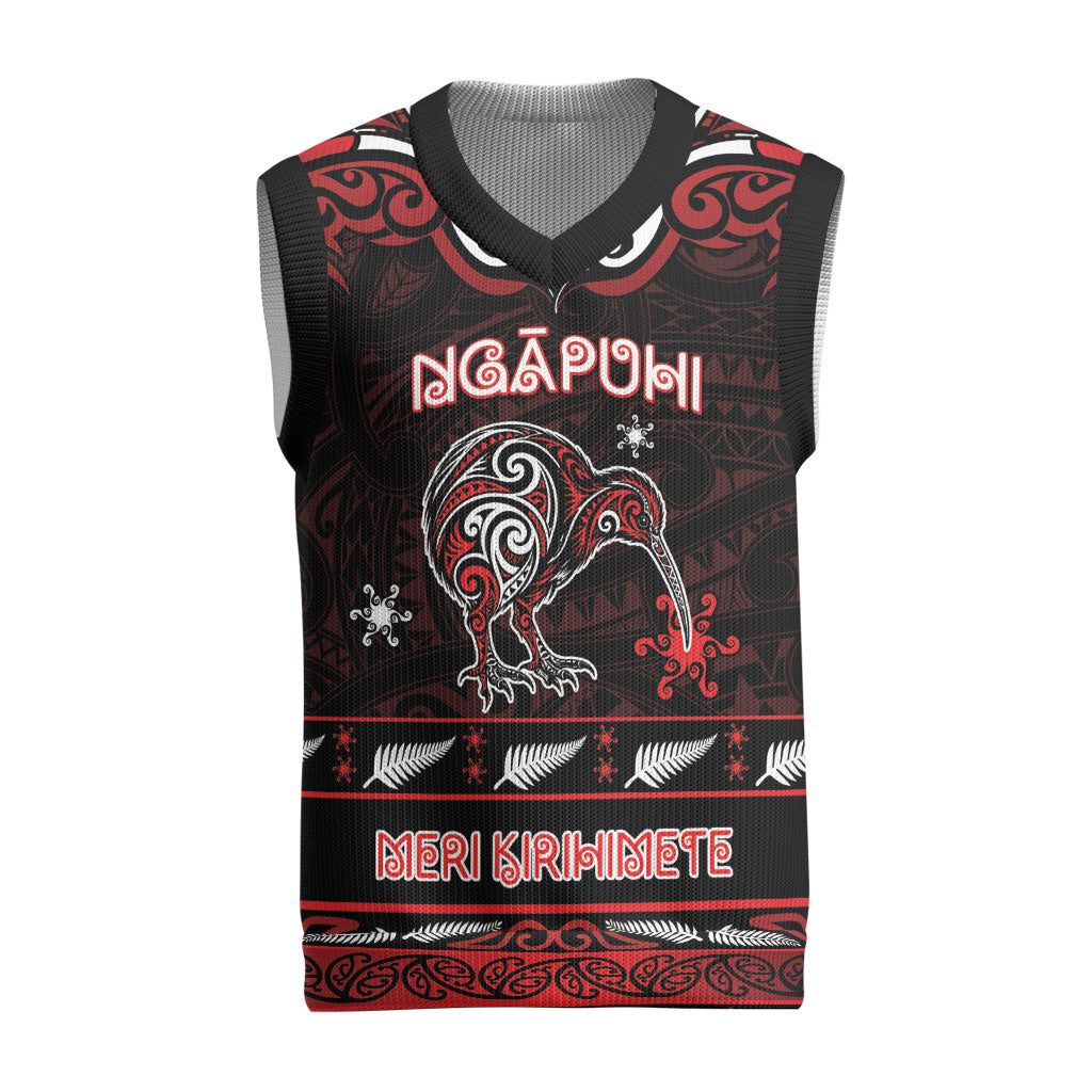 Personalised Ngapuhi Aotearoa Meri Kirihimete Christmas Knitted V-Neck Vest Maori Kiwi Bird Silver Fern Koru Pattern