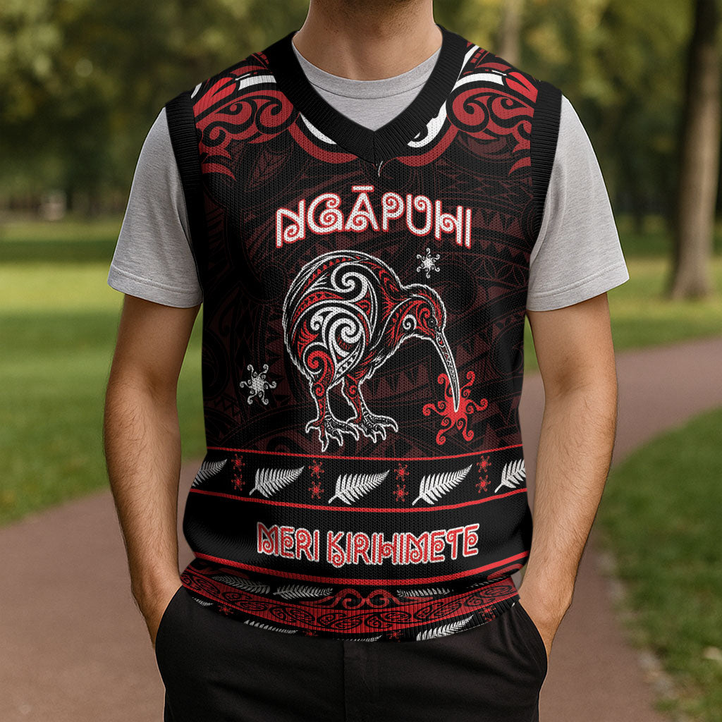 Personalised Ngapuhi Aotearoa Meri Kirihimete Christmas Knitted V-Neck Vest Maori Kiwi Bird Silver Fern Koru Pattern