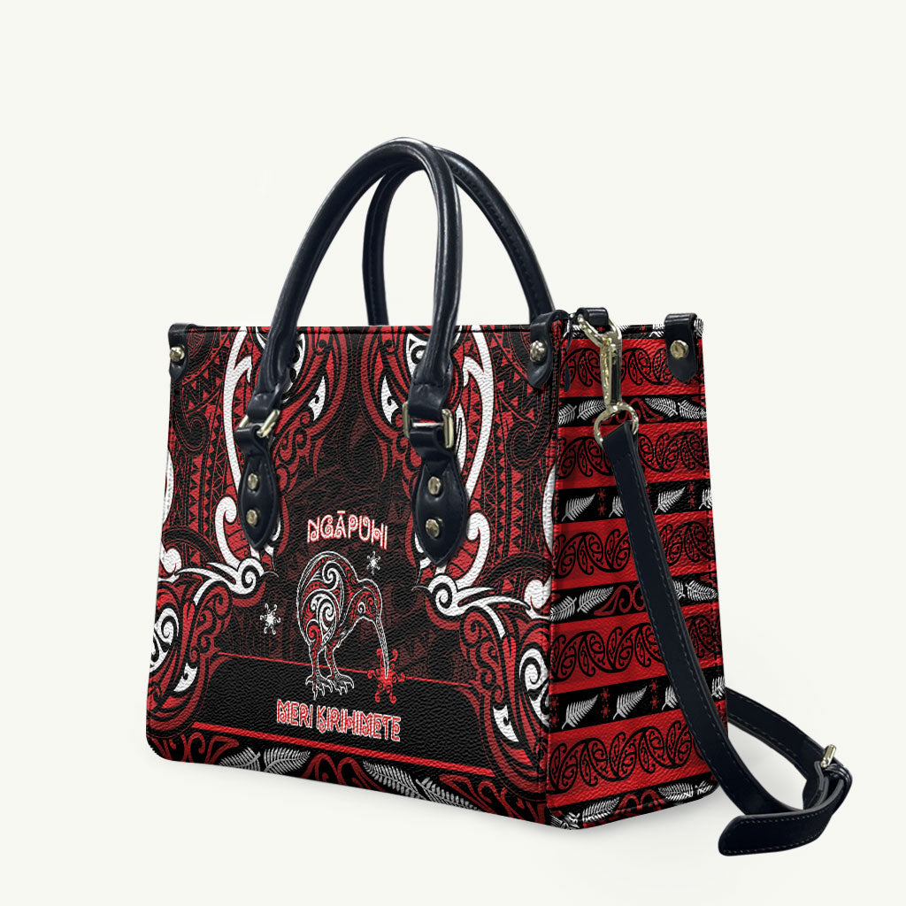 Ngapuhi Aotearoa Meri Kirihimete Leather Bag Maori Kiwi Bird Silver Fern Koru Pattern