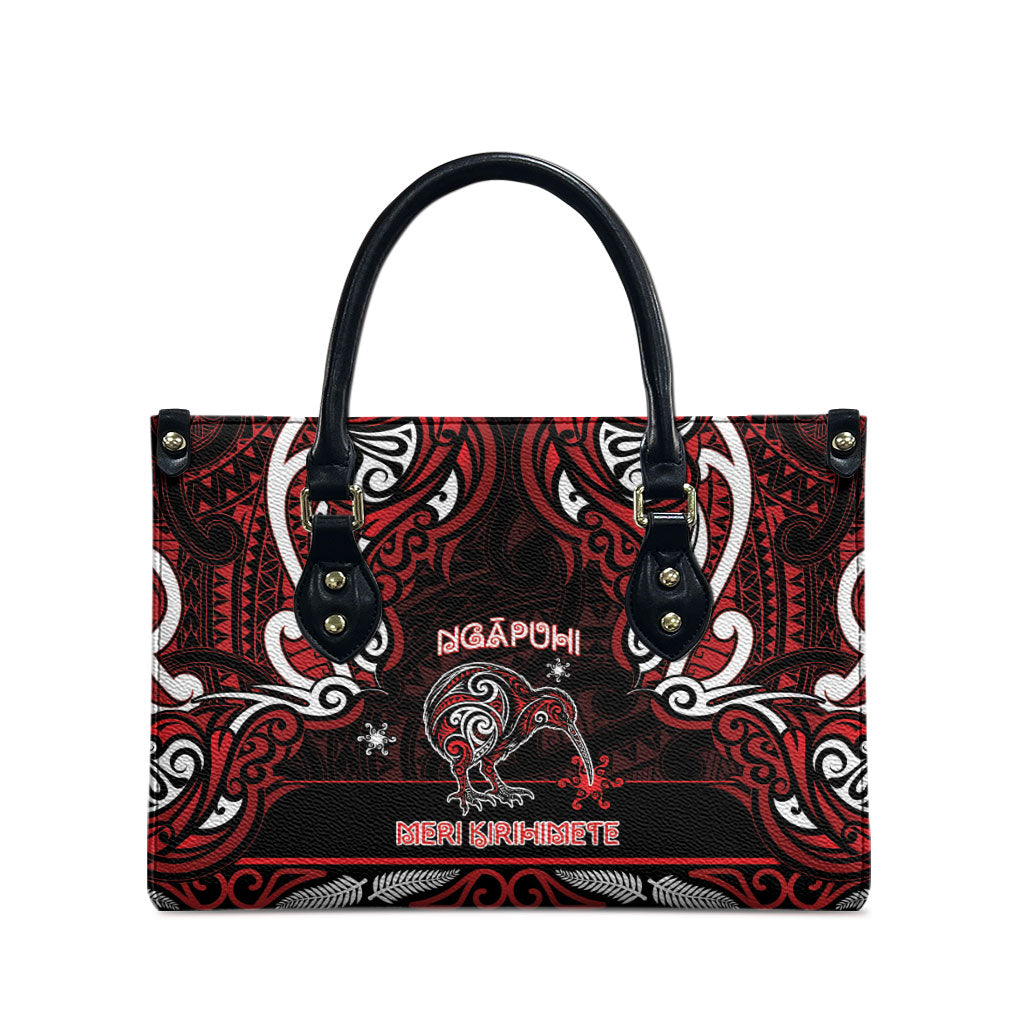 Ngapuhi Aotearoa Meri Kirihimete Leather Bag Maori Kiwi Bird Silver Fern Koru Pattern