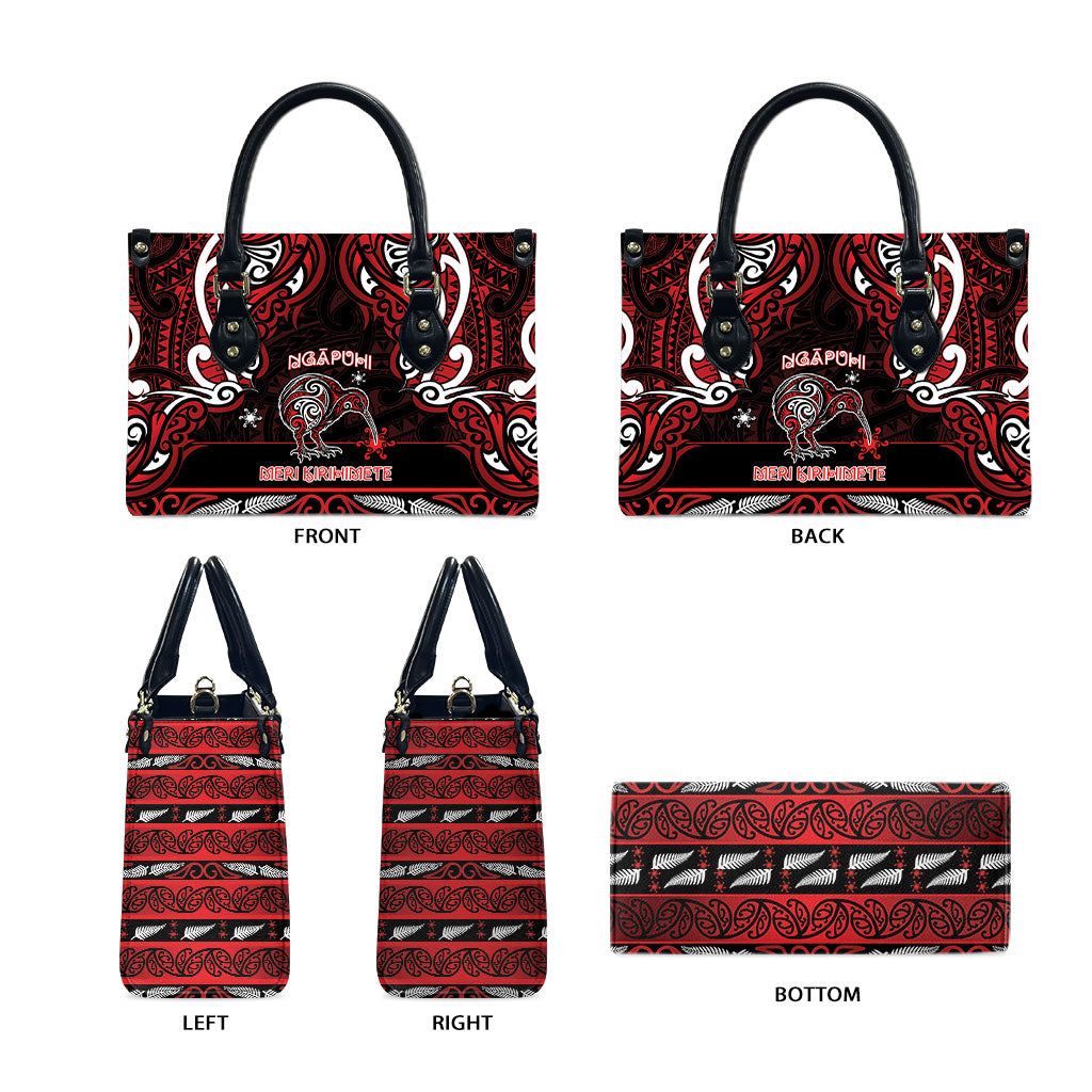 Ngapuhi Aotearoa Meri Kirihimete Leather Bag Maori Kiwi Bird Silver Fern Koru Pattern