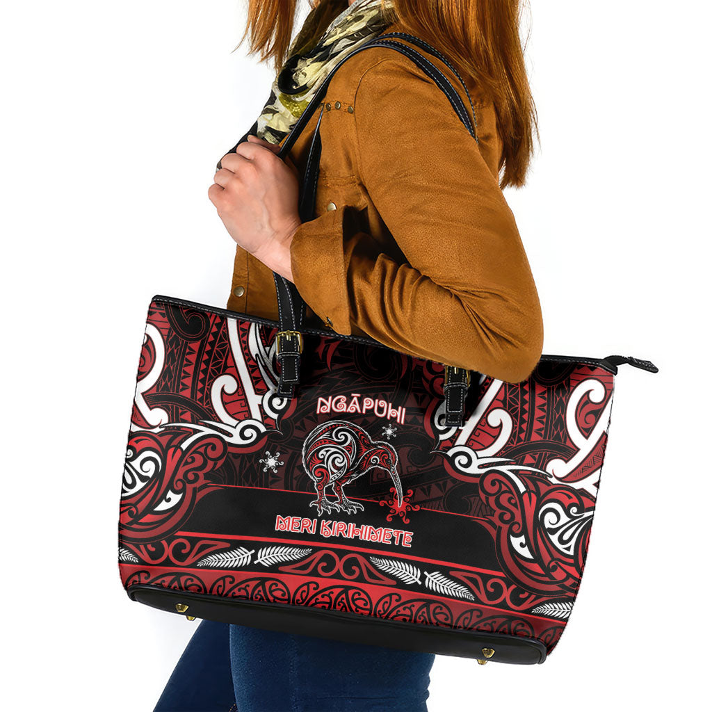 Ngapuhi Aotearoa Meri Kirihimete Leather Tote Bag Maori Kiwi Bird Silver Fern Koru Pattern