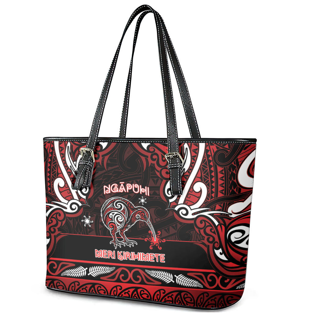 Ngapuhi Aotearoa Meri Kirihimete Leather Tote Bag Maori Kiwi Bird Silver Fern Koru Pattern