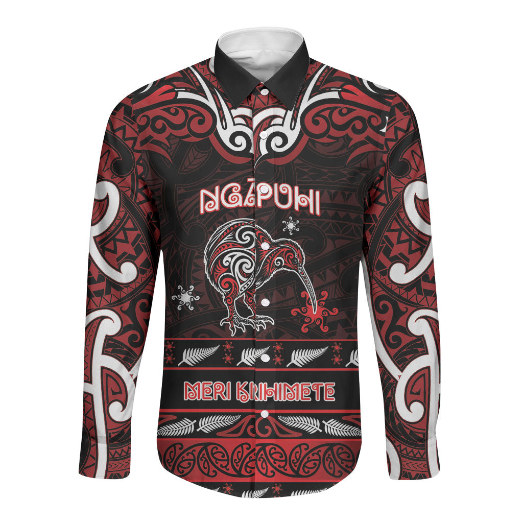Personalised Ngapuhi Aotearoa Meri Kirihimete Long Sleeve Button Shirt Maori Kiwi Bird Silver Fern Koru Pattern