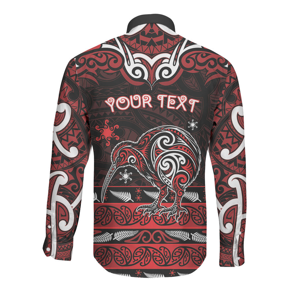 Personalised Ngapuhi Aotearoa Meri Kirihimete Long Sleeve Button Shirt Maori Kiwi Bird Silver Fern Koru Pattern