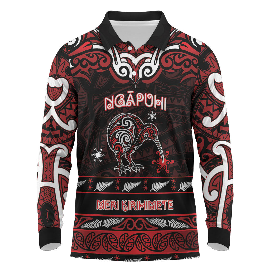 Personalised Ngapuhi Aotearoa Meri Kirihimete Long Sleeve Polo Shirt Maori Kiwi Bird Silver Fern Koru Pattern