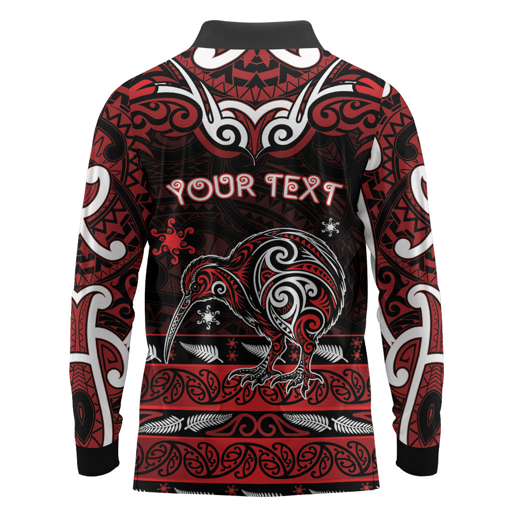 Personalised Ngapuhi Aotearoa Meri Kirihimete Long Sleeve Polo Shirt Maori Kiwi Bird Silver Fern Koru Pattern