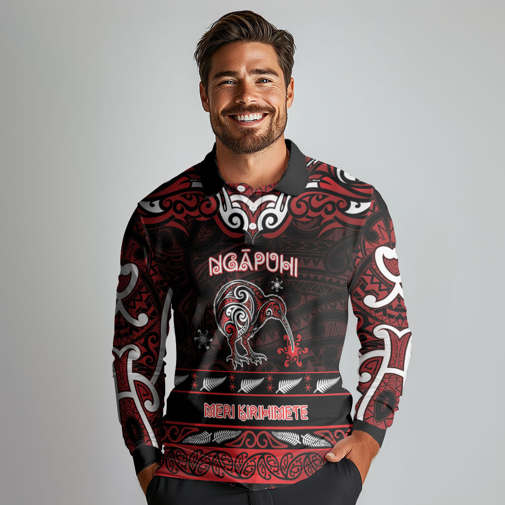 Personalised Ngapuhi Aotearoa Meri Kirihimete Long Sleeve Polo Shirt Maori Kiwi Bird Silver Fern Koru Pattern