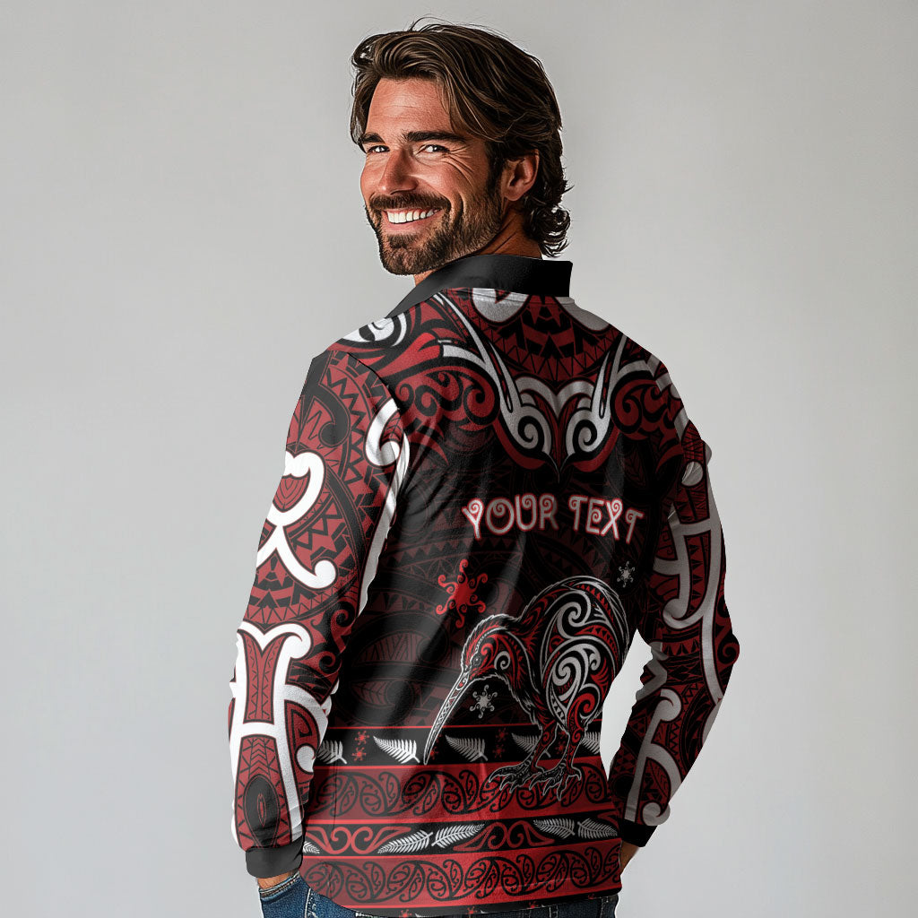 Personalised Ngapuhi Aotearoa Meri Kirihimete Long Sleeve Polo Shirt Maori Kiwi Bird Silver Fern Koru Pattern