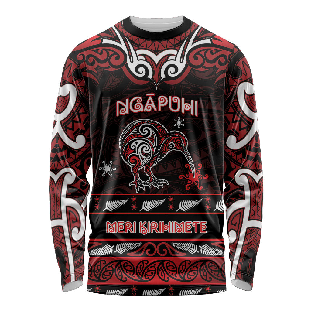 Personalised Ngapuhi Aotearoa Meri Kirihimete Long Sleeve Shirt Maori Kiwi Bird Silver Fern Koru Pattern