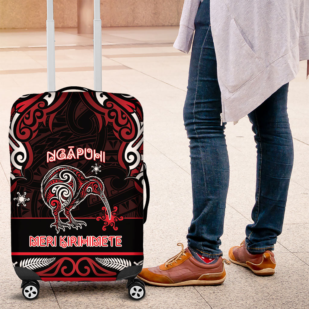 Ngapuhi Aotearoa Meri Kirihimete Luggage Cover Maori Kiwi Bird Silver Fern Koru Pattern