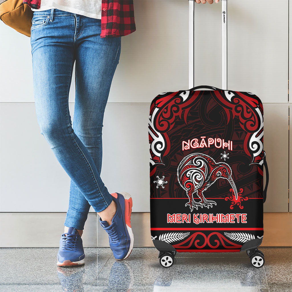 Ngapuhi Aotearoa Meri Kirihimete Luggage Cover Maori Kiwi Bird Silver Fern Koru Pattern