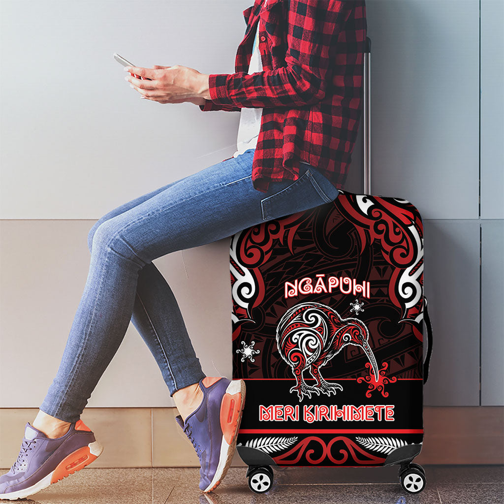 Ngapuhi Aotearoa Meri Kirihimete Luggage Cover Maori Kiwi Bird Silver Fern Koru Pattern