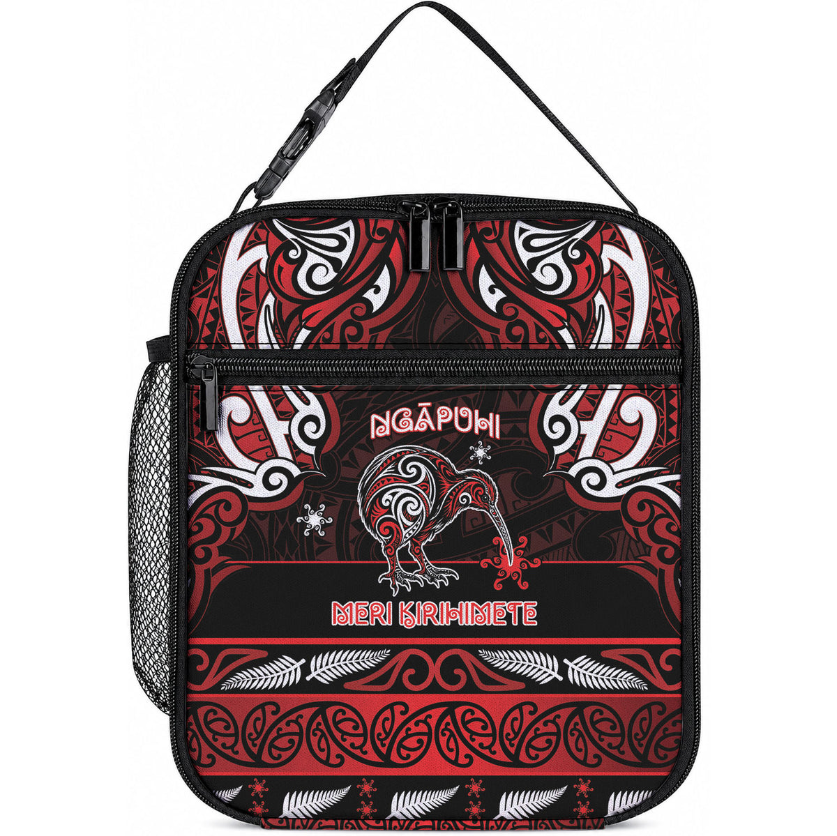 Ngapuhi Aotearoa Meri Kirihimete Lunch Bag Maori Kiwi Bird Silver Fern Koru Pattern